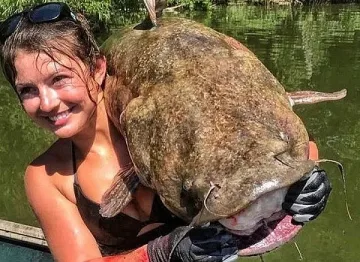 Красавица  лови гигантски сом с голи ръце