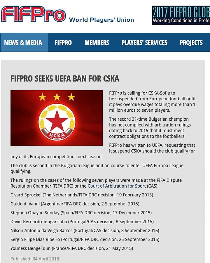 FIFPro иска УЕФА да разкара "ЦСКА-София" от евротурнирите