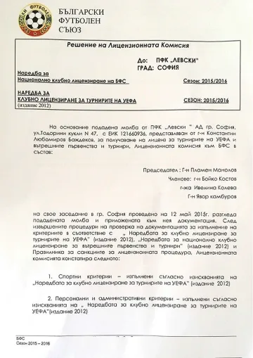 "Левски" показа лиценза за Европа 