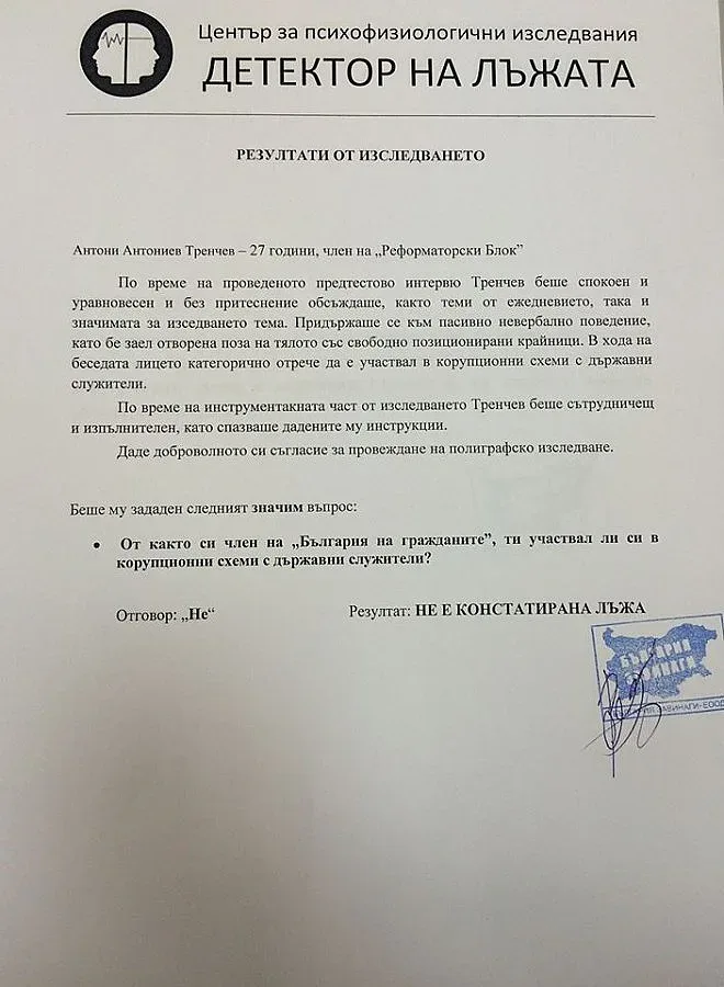 Антони Тренчев излезе чист пред детектора на лъжата