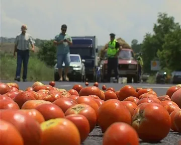 Недоволни земеделци затвориха пътя за Гърция с домати