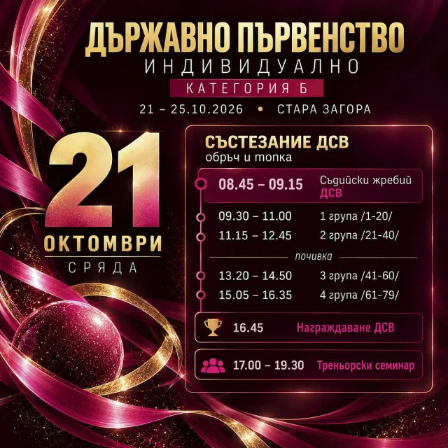 Държавното първенство по художествена гимнастика започва днес в Стара Загора