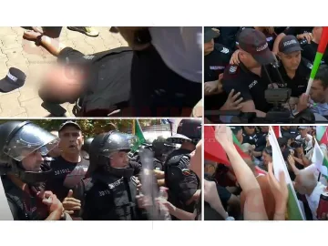 Полицай колабира на протест в София, гамени го удрят